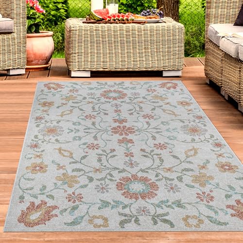 CARPETIA In & Outdoor Teppich für Wohnzimmer und Terrasse modernes florales Design flachgewebt wetterfest UV-beständig pflegeleicht aus Polypropylen Creme Pastell 200 x 290 cm