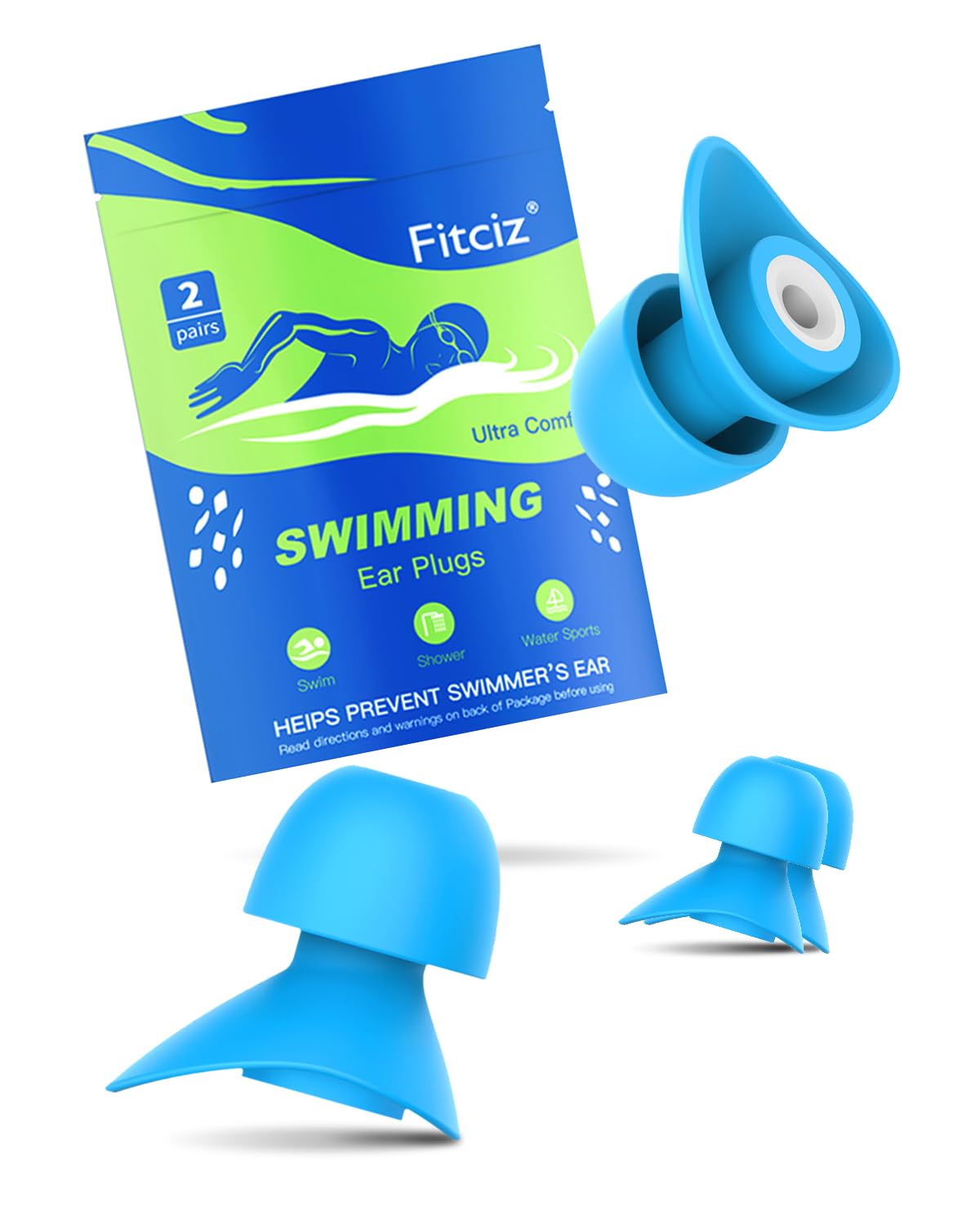 Fitciz Swimming Ear Plugs for Adults, 2 Pairs Waterproof Earplugs in Case for Swimmers, Men, Women, Washable, Reusable, Comfortable (S+M for Women, L+