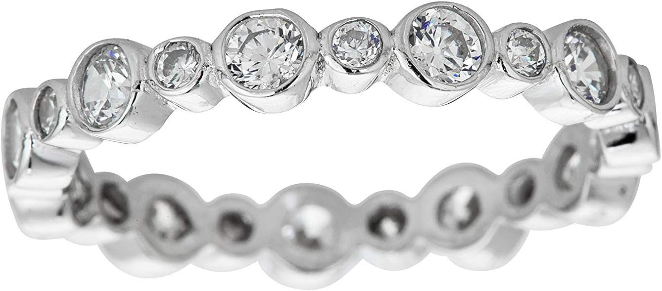 DECADENCE Sterling Silver Bezel Set Round Cut Cubic Zirconia Alternating Big Small Eternity Band Stackable Ring