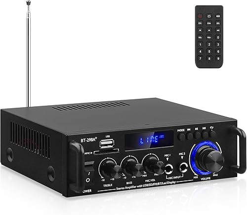 Miniatura 1 de AEXCVG Amplificador de audio estéreo para el hogar BT-298A+ HiFi Bluetooth receptor estéreo 40Wx2 Mini amplificador de cine en casa con entrada MIC,