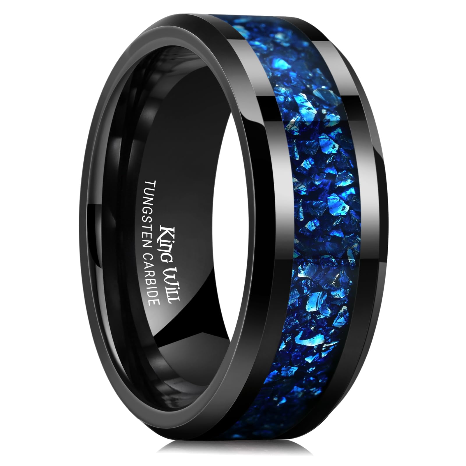King Will Mens Meteorite Tungsten Wedding Bands, 6mm/8mm Width, Black/Silver Engagement Rings for Couples, Beveled Edge Promise Ring for Women Comfort