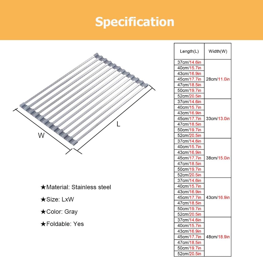 Escurridor plegable enrollable de acero inoxidable para fregadero de cocina, se adapta a 37-52 cm (gris, 43 x 43 cm), ahorra espacio