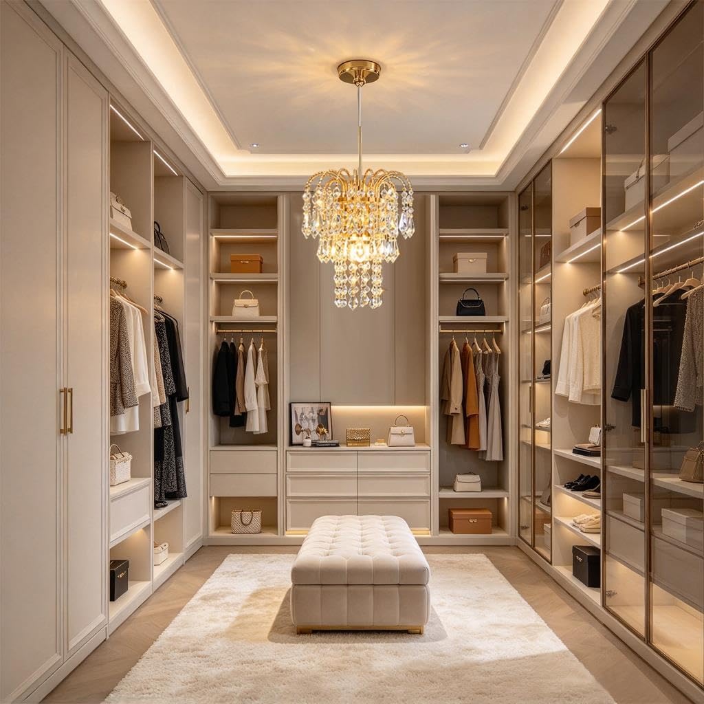 Moderne Pendelleuchte Luxuriöser Kristallleuchter Mini Goldene Kronenleuchter Mit E14-Sockel 3-Farben Umschaltbar Höhenverstellbar Geeignet Für Schlafzimmer Flur Und Bettbereich