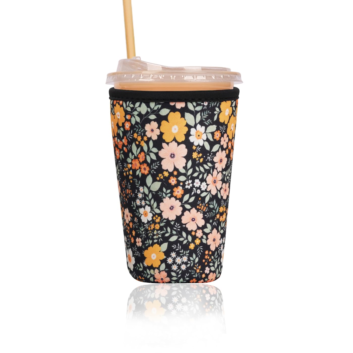 Reusable Insulated Sleeve for Iced Coffee Cup, Coffee Neoprene Sleeve for Cold &amp; Hot Drinks, Beverage Holder for Iced Coffee (Midnight Daisies, Medium: 22-24oz)