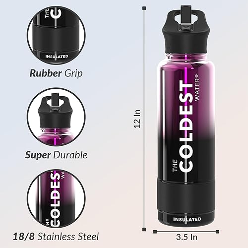 Miniatura 167 de Coldest - Botella de agua deportiva con tapa con popote y asa, a prueba de fugas, de acero inoxidable con aislamiento al vacío de doble pared,