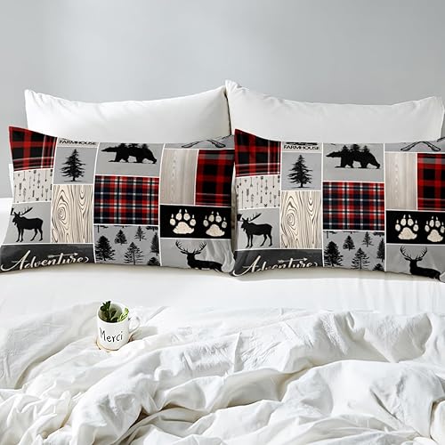 Miniatura 112 de Sábana bajera ajustable de oso de caza, juego de ropa de cama a cuadros de búfalo, sábanas de retazos de cabaña rústica para niños, niños, Multi