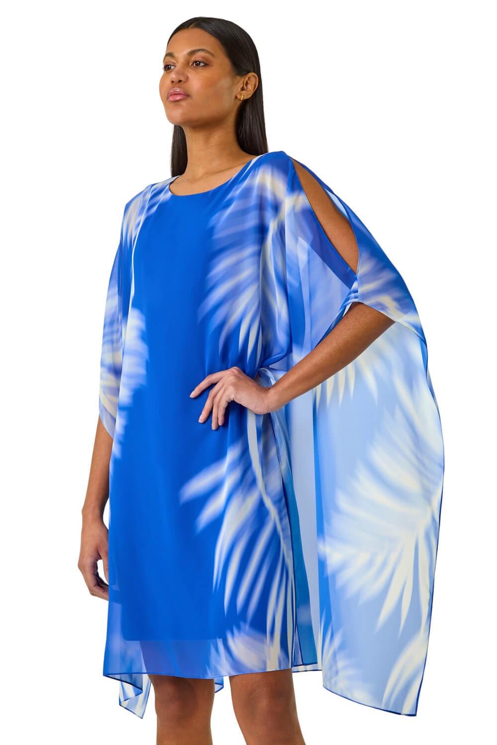 Roman Watercolour Fern Chiffon Dress for Women UK - Ladies Spring Everyday Summer Holiday Round Neckline Comfy Sleeveless Soft Knee Length Frock Dinner Date Gowns - Blue - Size 20