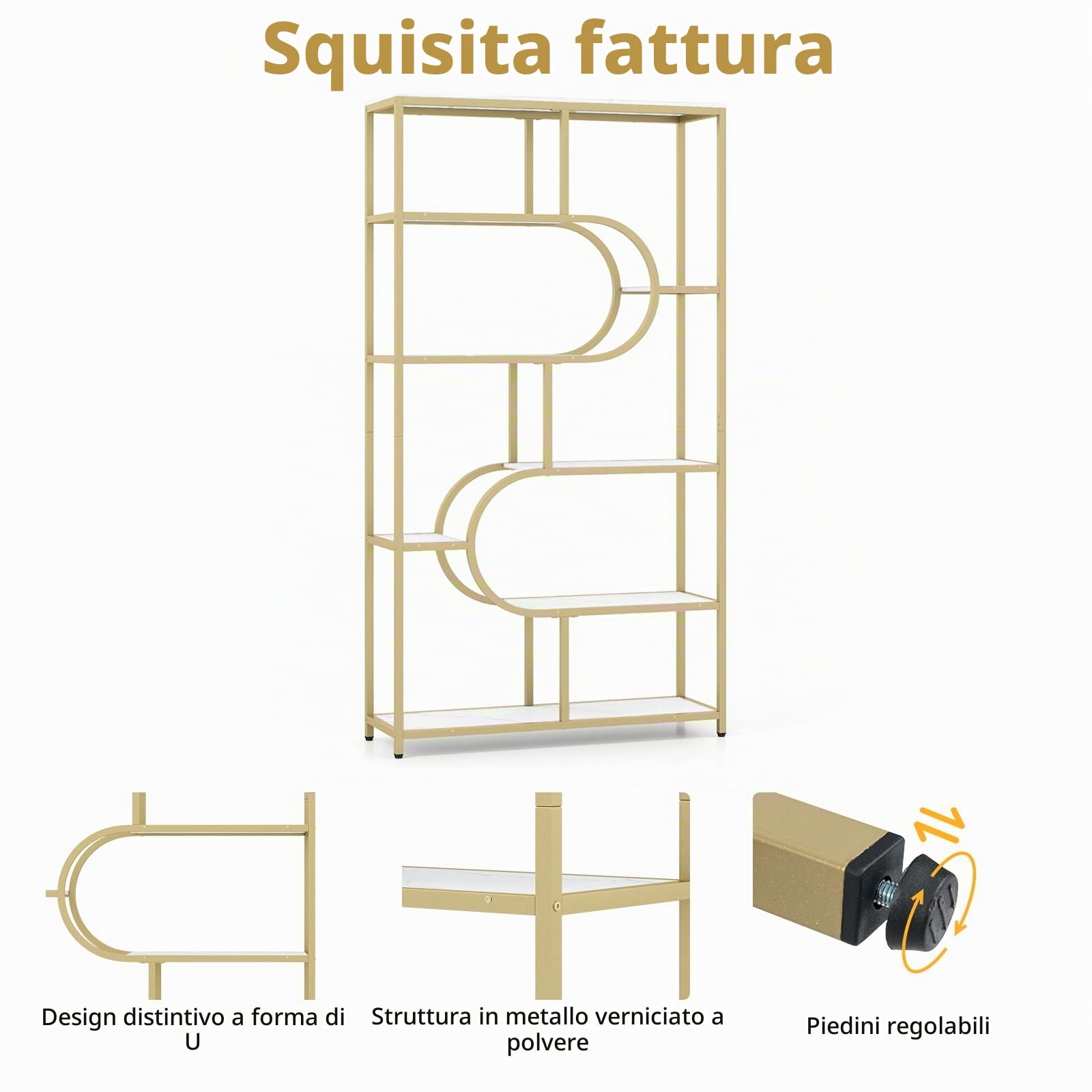 HOMASIS Libreria a Multi Livelli in Legno a Forma di Mezzaluna, Mensola da Parete con Ripiani Aperti, Scaffale Contenitore per Soggiorno, Ufficio (Bianco, Modello 1, 95 x 30 x 175 cm)