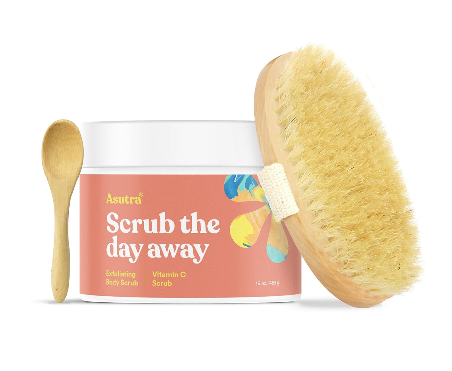 ASUTRA Dead Sea Salt Essential Oil Body Scrub Exfoliator and Dry Brush Bundle (Vitamin C), 16 oz – Ultra Hydrating, Gentle, & Moisturizing – Coconut, Sweet Orange, Grapefruit, and Lemon Oils