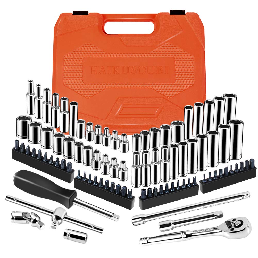 haikusoubi 1/4-Inch Drive 6-Point Socket Ratchet Set,Extensions with 1/4ââ‚¬â„¢ââ‚¬Ëœ Dr. Bits Set,Inch/Metric 5/32-Inch-9/16-Inch,5 mm-14 mm,91-Piece Socket Set