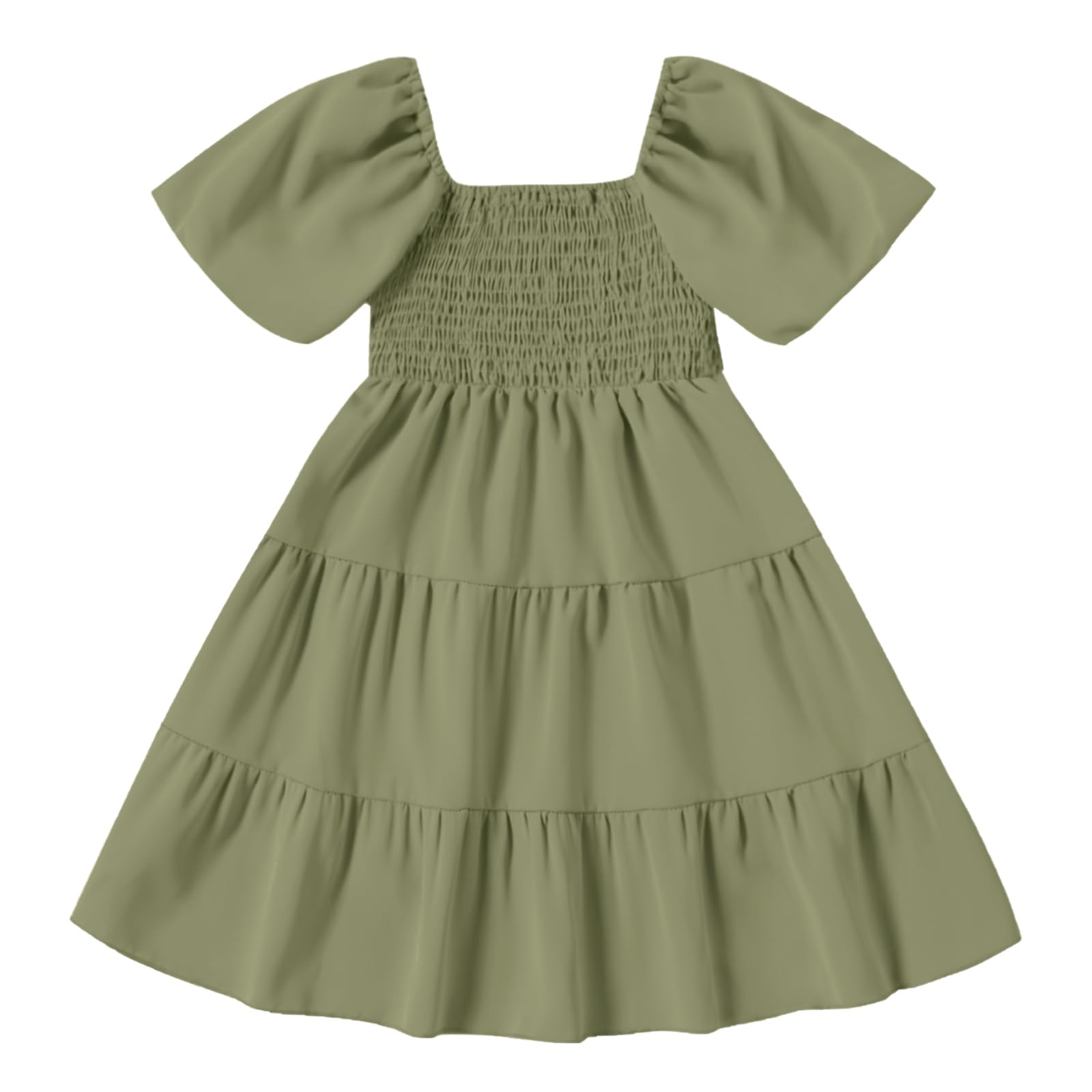 Neutocd Toddler Baby Girl Dress Ruffle Short Sleeve Elastic Solid Square Neck Flared Plain Casual Summer Dresses for Girls