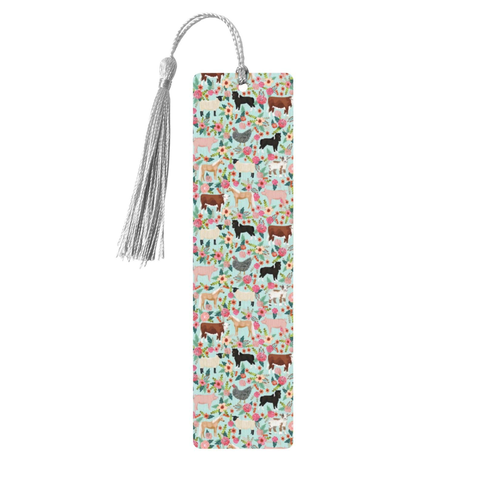 Marcapáginas de madera con estampado de animales de granja, borlas coloridas, elegante, retro y natural para los amantes de los libros
