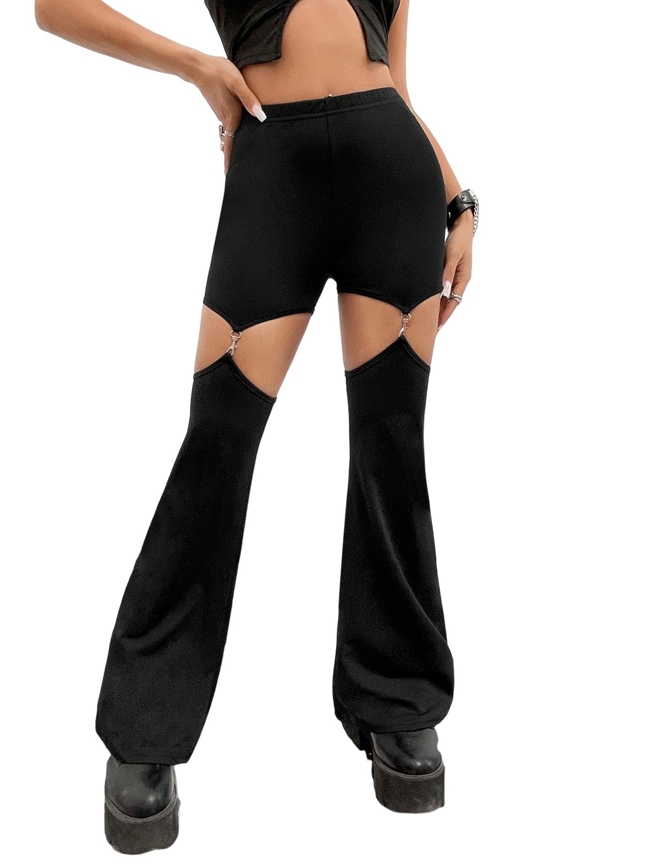 WDIRARA Women's Cut Out High Waisted Flare Elastic Waist Party Leggings Night Out Pants