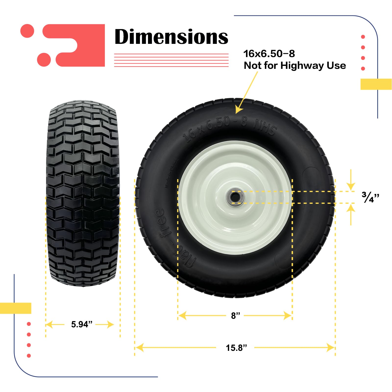 Paquete de 2 neumáticos y ruedas para cortacésped de 16 x 6.5-8 pulgadas con buje de 3/4 o 5/8 pulgadas, montaje de neumático de 16 pulgadas para cortacésped, tractor de jardín. Cubo central de 3 a 6