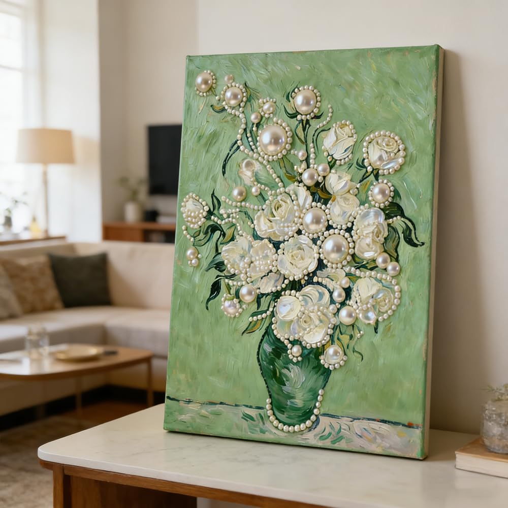 Mrchfr DIY Flower Pearl Painting Kit for Adults Beginner Stress Relief All-Pearl Dot Painting 3D Gemstone Art Crafts for Gift Home Wall Decor 15.76x19.69inch No Frame (White Rose)