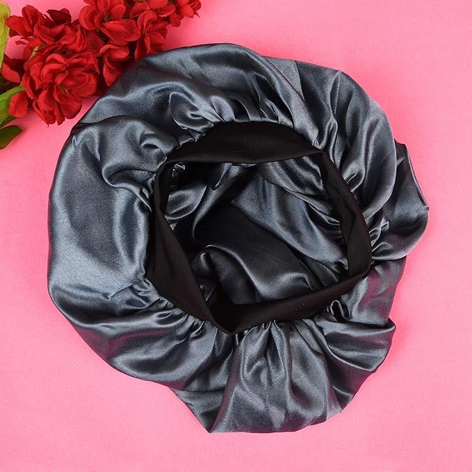 Image of Satin Silk Premium Sleeping caps, Comfortable & Soft Double layered Streachable Hair Bonnets For All Head Sizes & Hair Type, Night Care Routine - Pack Of 1 Pcs - Grey