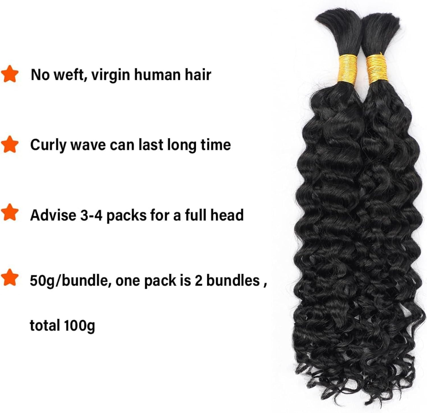 Water Wave Curly Bulk Human Braiding Hair for Boho Braids 2 Bundles Ombre Braun Water Wave Haarverlängerung für Frauen Hair Extensions Echthaar (1B, 18 Inch)
