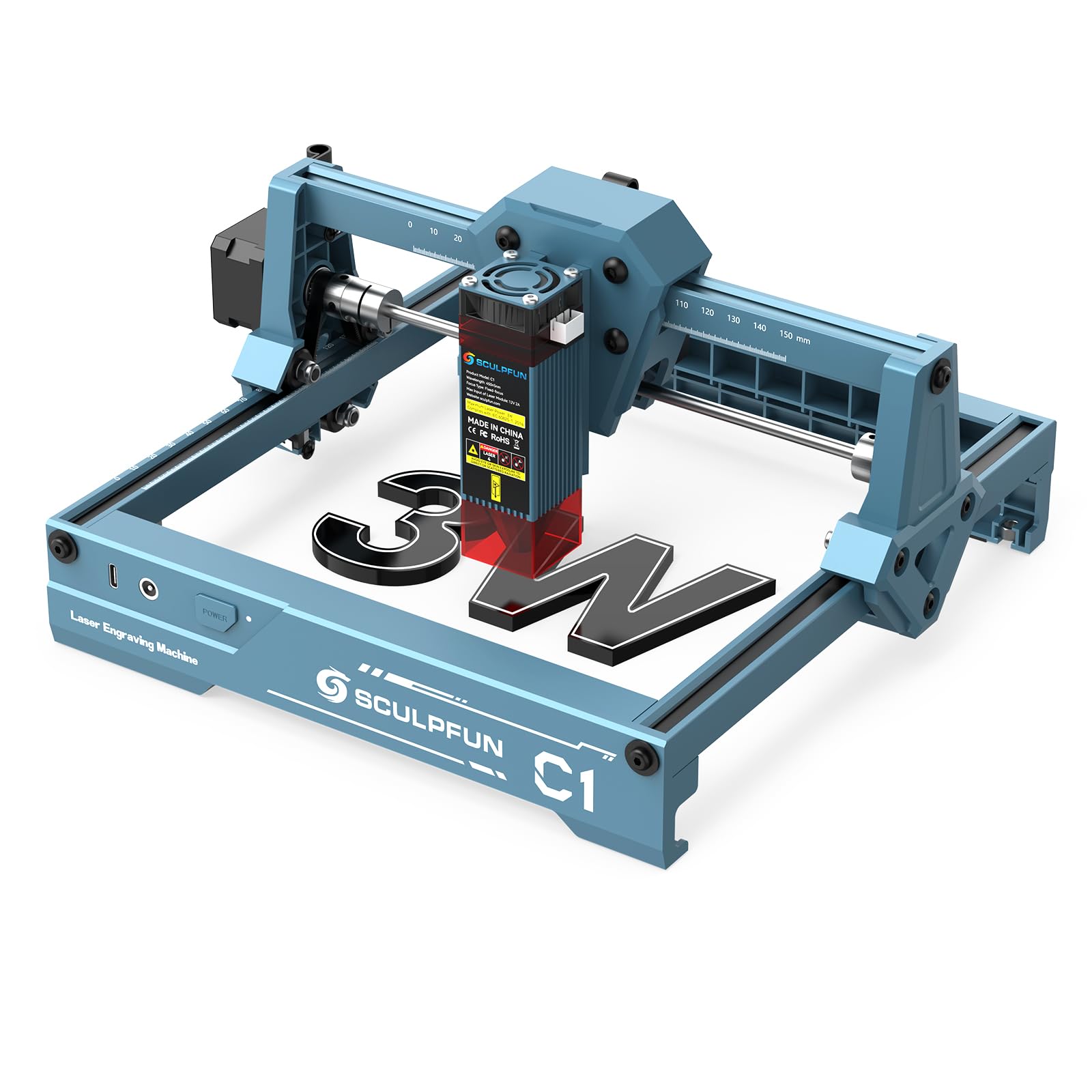 SCULPFUN C1 3W Mini maszyna do grawerowania laserowego z obrotową mini rolką RA, 0,04 mm precyzyjna maszyna do grawerowania laserowego, prędkość do 10 000 mm/min