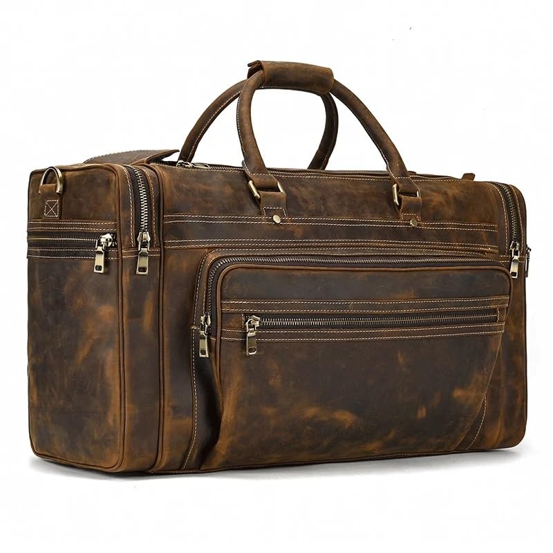 Exlarge Mens Leather Weekend Bag Leather Travel Duffle Large Vintage Cowhide Zipper Bag Luggage Tote Bag2