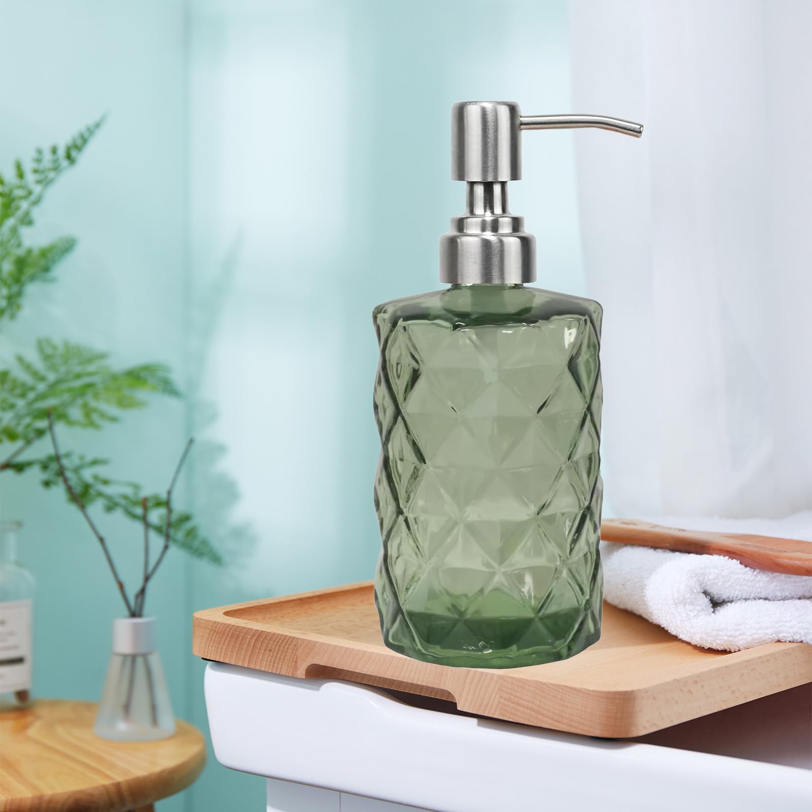 Dispensador de jabón de vidrio verde de 12 onzas con bomba de acero inoxidable, dispensador de jabón líquido de cocina recargable con diseño de diamante, para dispensar jabón de manos, jabón de platos