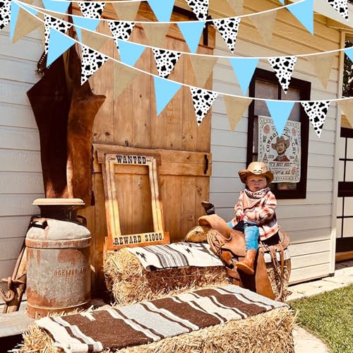 Image of 32Ft Western Cowboy Party Decorations Burlap Cow Triangle Flag Fabric Banner Pennant Bunting Garland Streamer for Western Cowboys Birthday Baby Shower Derby Day Farm Animals Wild Party Decor Supplies