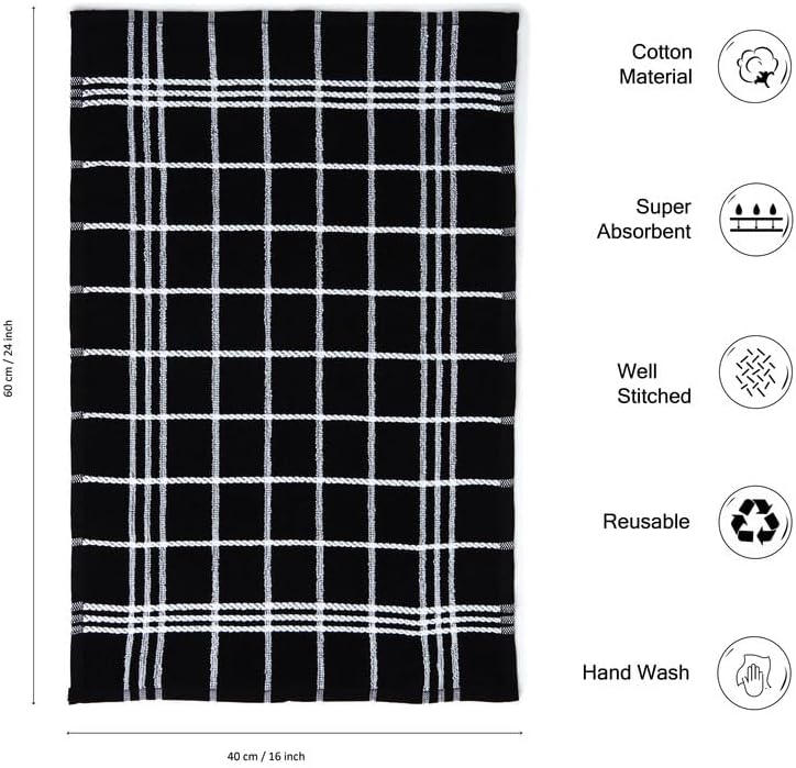 Encasa XO Kitchen Towels and Dishcloths Sets | Cotton Hand Towel | Multipurpose, Highly Absorbent Cleaning, and Reusable | 28"x18" | Pack of 12 - Black Combo - Image 4