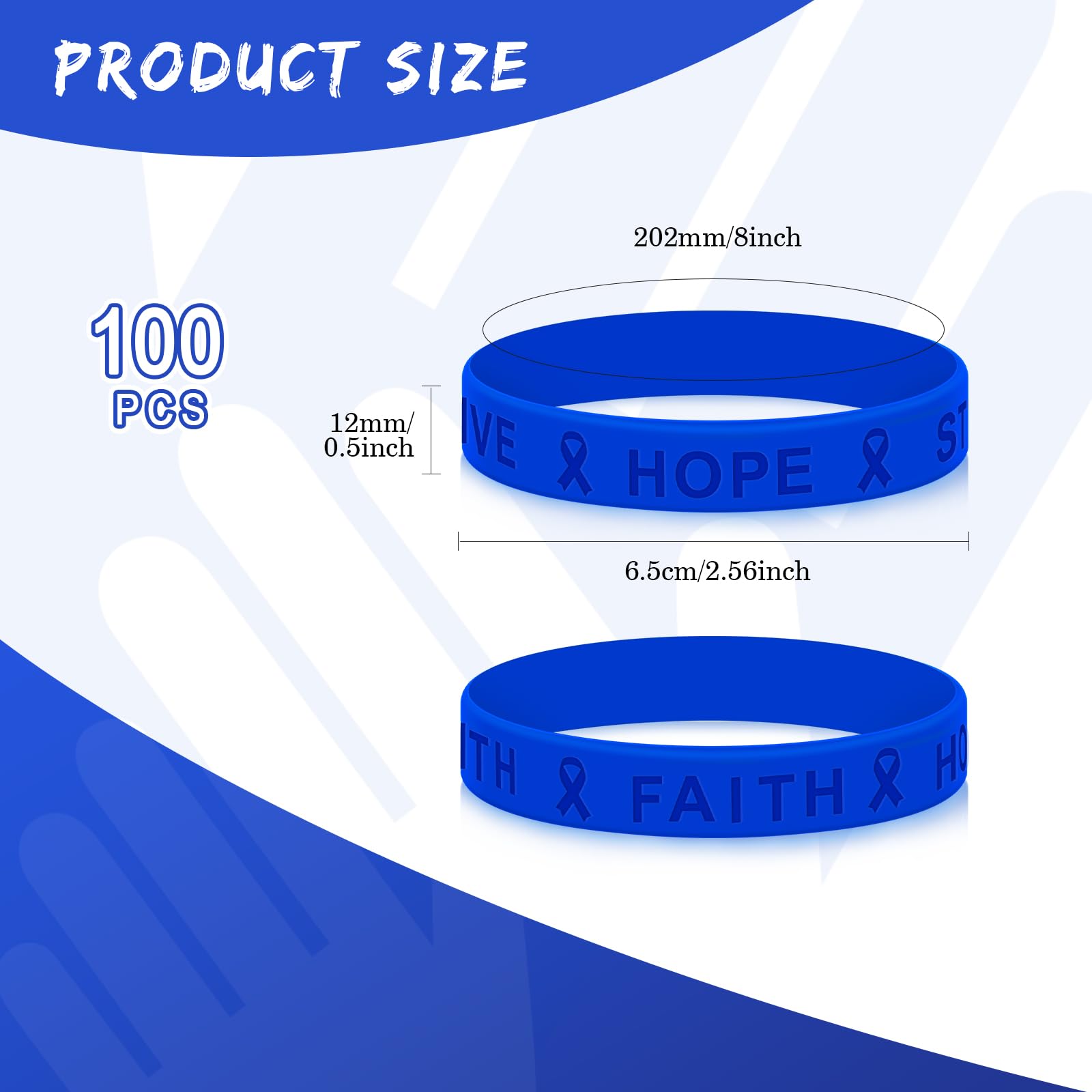 Bucherry 100 Pcs Child Abuse Awareness Colon Cancer Bracelets Bulk Blue Ribbon Awareness Bracelets Rubber Wristband Embossed Silicone Bracelet for Public Party Favors Girls Boys Child