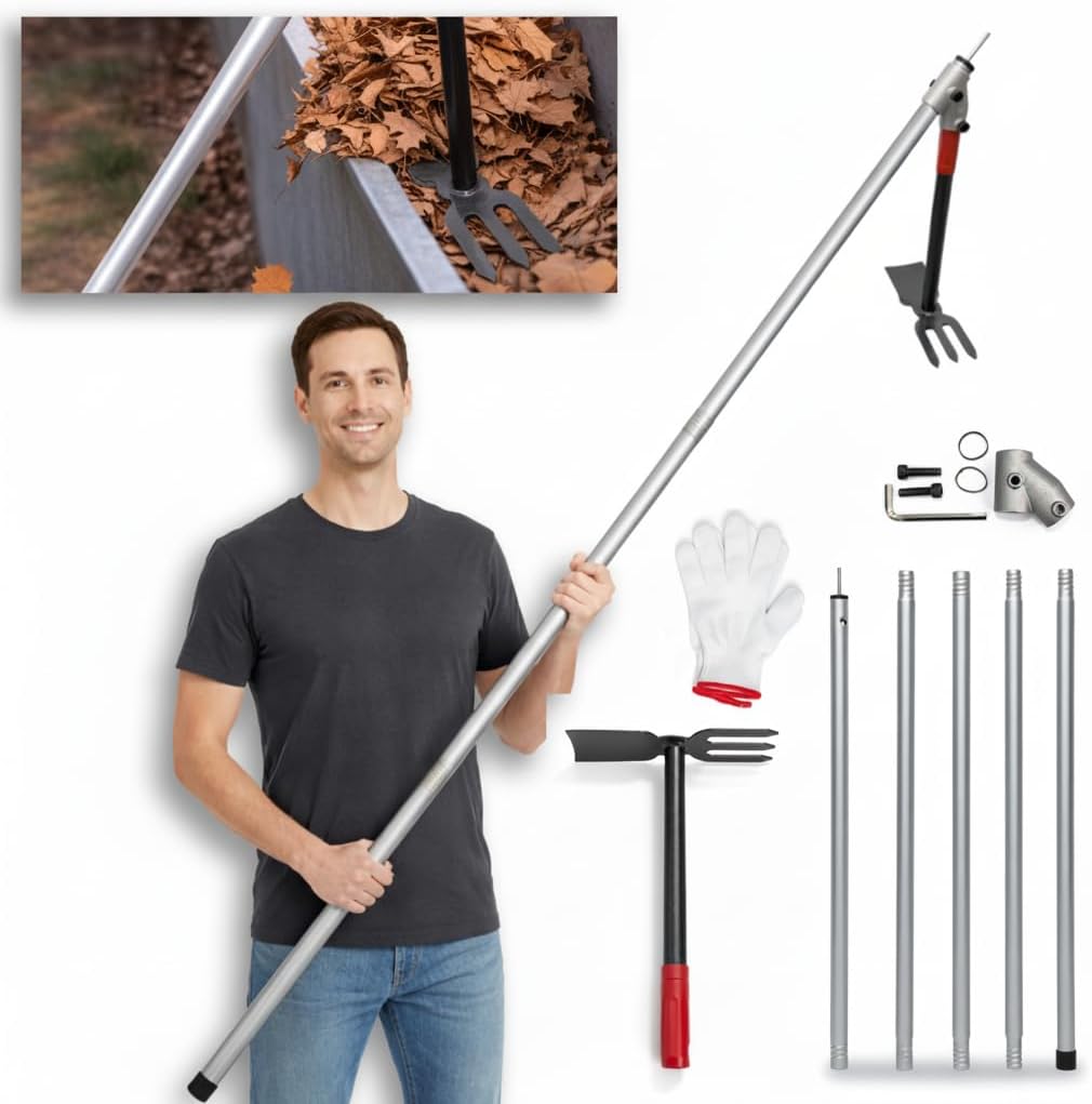 Heavy Duty Gutter Cleaning Tool from Ground – No Ladder Needed 10FT Gutter Cleaner Kit with Extension Pole Leaf & Roof Debris Remover for 1-2 Story House