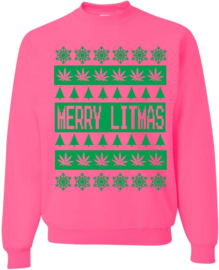 Merry Litmas Funny Weed Pot Leaf Marijuana Xmas Ugly Christmas Sweater Unisex Crewneck Sweatshirt