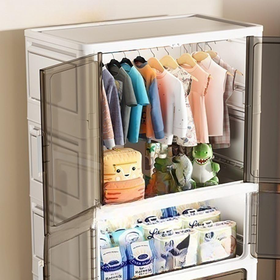 Image of EXVITO Modular Plastic Wardrobe for Bedroom | 3 Tier+1 Bins Foldable Cupboard with Hanging Rod | Stackable Storage Almirah for Clothes with Wheels | Multi-Layer Plastic Storage Cabinet - White