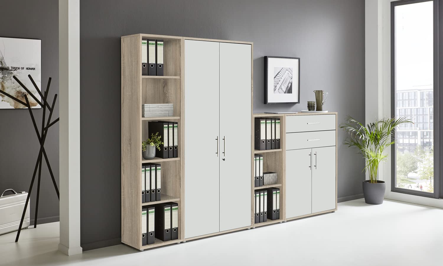 Schrankwand TABOR 22 Büroregal Aktenschrank Büroschrank abschließbar in diversen Farbvarianten (Sonoma Eiche/weiß matt)