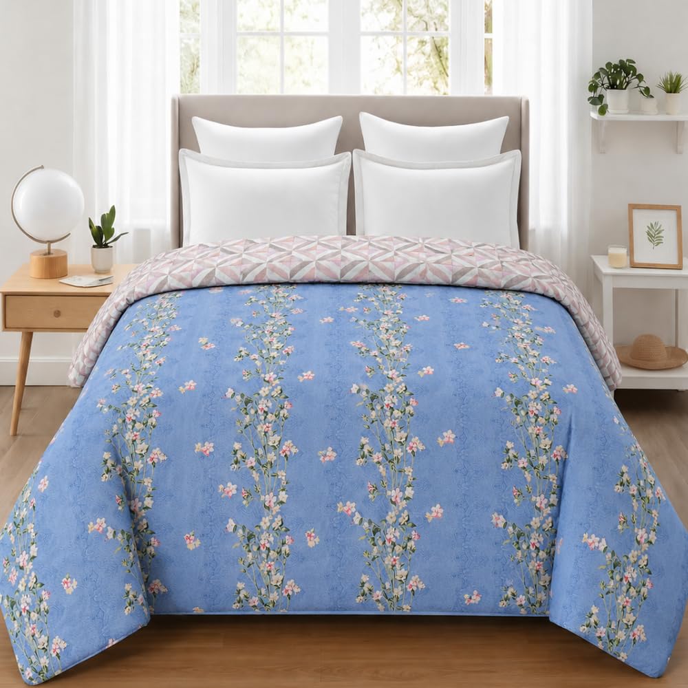 Florida Floral Microfiber AC Comforter for Double Bed | Soft Reversible 180 GSM Polycotton Lightweight Comforter | All-Season Bedding (Blue)-picture-33