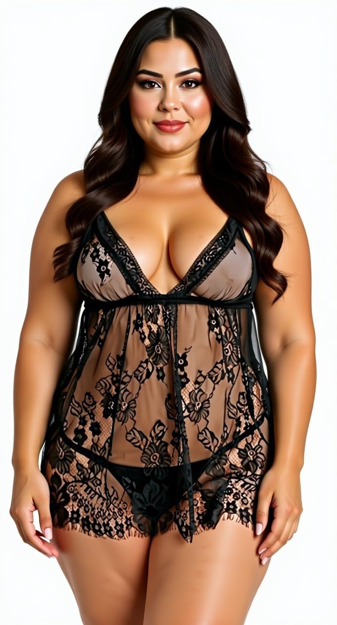 fihana Women's Babydoll Dress | Net and Lace Solid Above Knee Nighty | Short Nightwear with Panty | Sexy Plus Size| Black| Free Size-picture-46