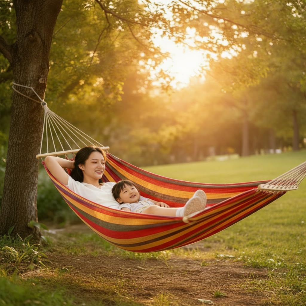 Hamac Exterieur à Suspendre Pliable, Toile résistante avec Barres en Bois, Anti-basculement pour Camping et Jardin, Hamac Anti-basculement Le