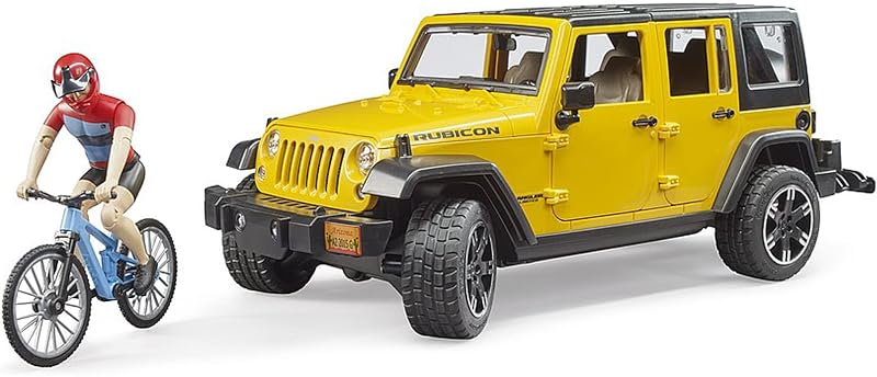 02543 Jeep Wrangler Rubicon Unlimited con Mountain Bike y Ciclista | Escala 1:16, ciclista con casco y bicicleta de montaña, fabricado en Alemania, a partir de 4 años.