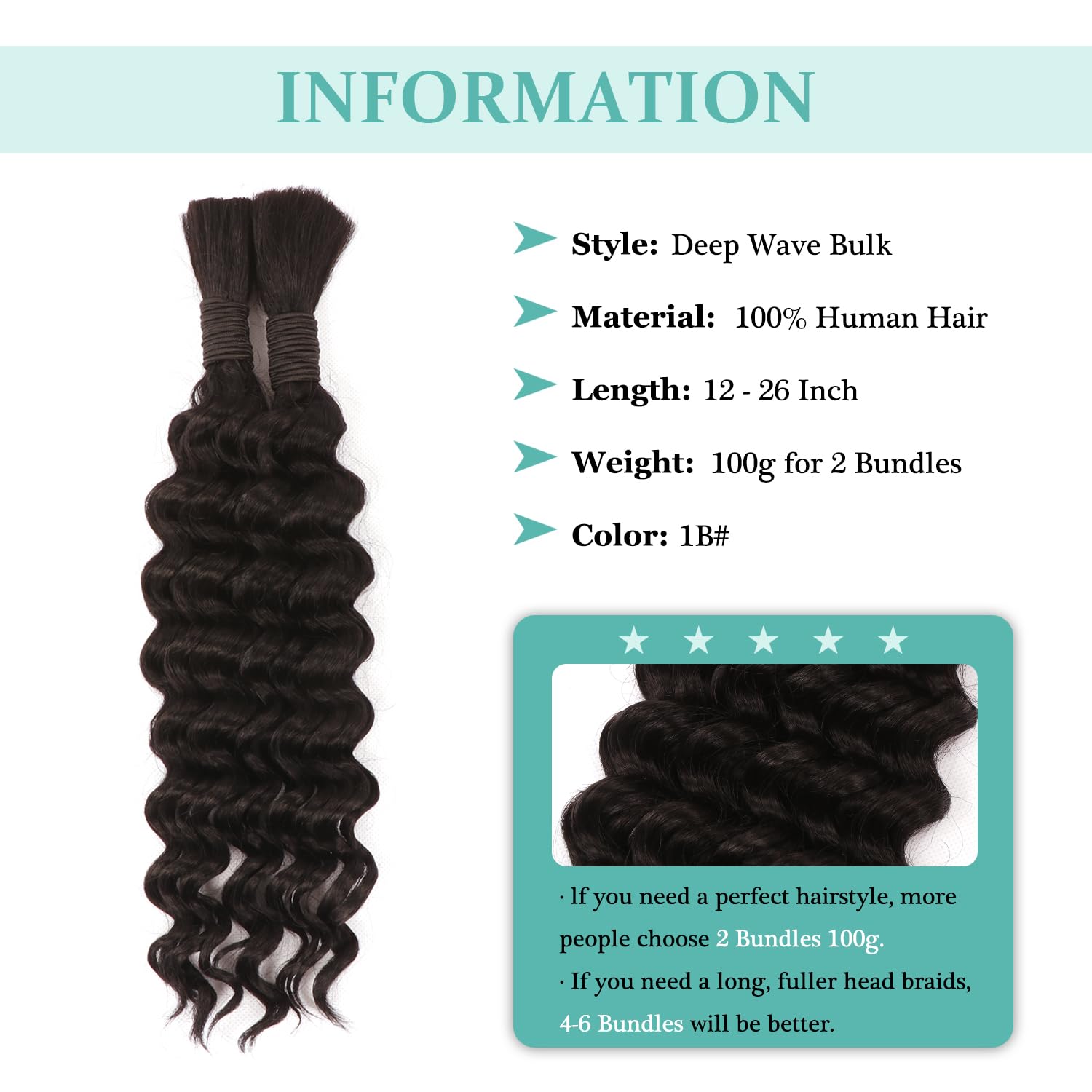 12 Inch Short Boho Braids Human Hair Extensions 100g 2 Bundles No Weft Human Bradiing Hair Wet and Wavy Deep Wave Bulk Human Hair for Knotless Braids (1B# - Image 3