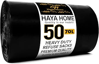 Haya Home 70L 50 Black Plastic Bin Bags Heavy Duty Bin Liners, Refuse Sacks Pack of 50 X 1 Heavy Duty Waste Dustbin Bags roll for Kitchen Home Office DIY Garden Made from 100% Recycled Material