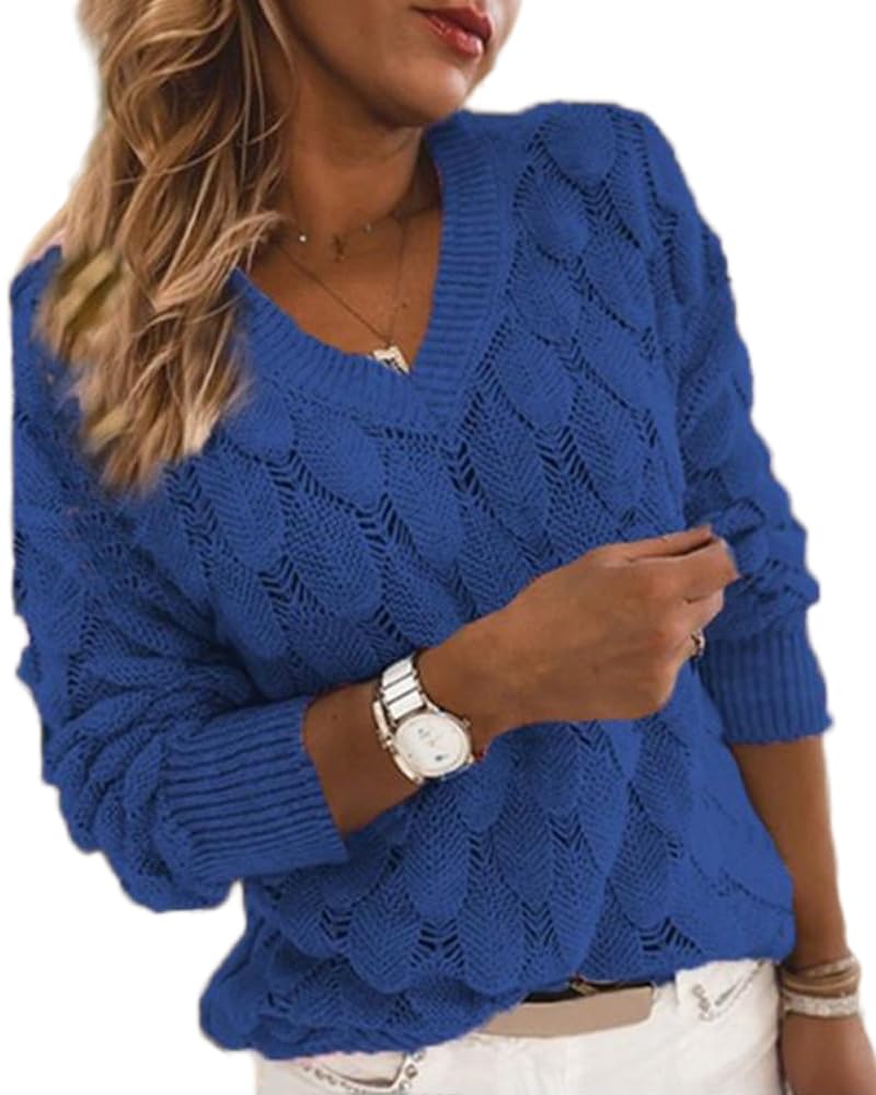 Womens Feather Pattern V Neck Pullover Sweater Fall 2025 Trendy Casual Loose Fitting Knit Tops