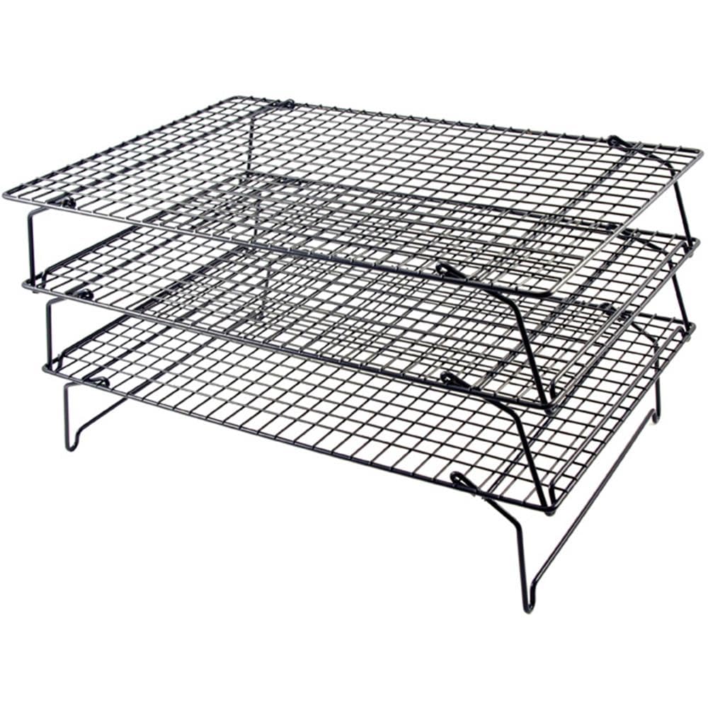 3 Tier Non-Stick Cooling Rack - Space Saving Collapsible Oven Racks - Cake Cooling Rack for Baking Freshly Baked Muffins, Cookies & Biscuits - Baking Tools & Accessories, 40 x 25cm, Black
