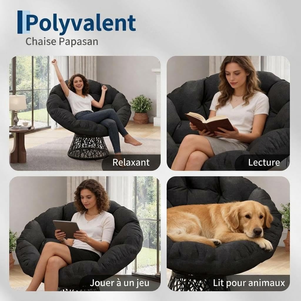 Silla giratoria Papasan soporta hasta 350 LBS, sillón redondo de 360 ° con acolchado extra grueso y cojín resistente a la intemperie, aspecto de ratán, para interior y exterior, salón, balcón