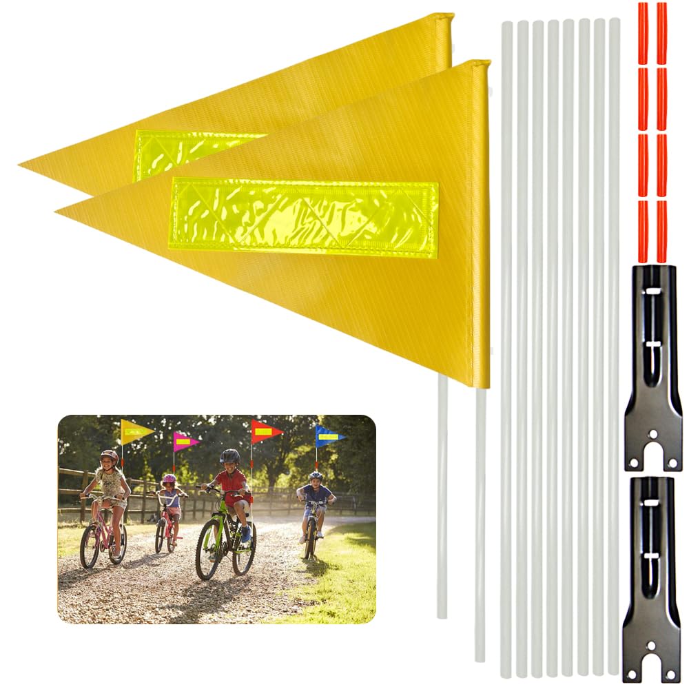 2 Pcs Bike Safety Flag with Poles Yellow Reflective Strip Flag Adjustable Height Fiberglass Pole Safety Sign High Visibility Bicycle Flag Tear-Resistant Waterproof