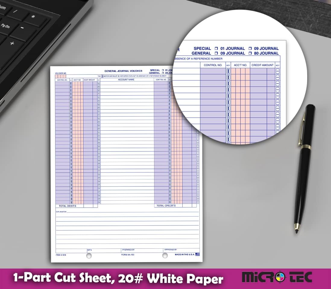 General Journal Voucher Form A-150, Accounting Voucher Sheets 8.5 x 11, Single-Part White Cut Paper, Bookkeeping Transaction Voucher for Expense Tracking & Accounting Records - Pack of 100