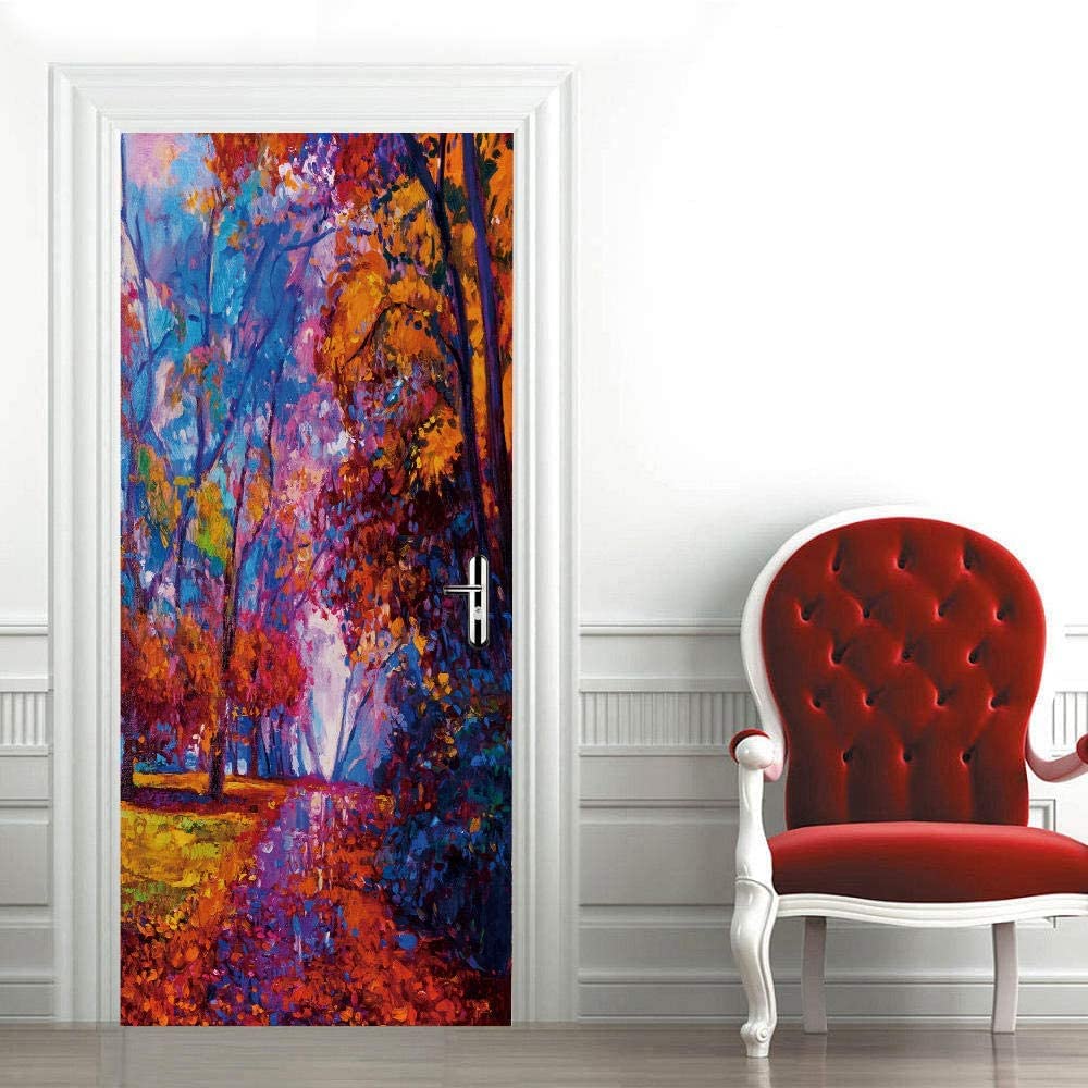 3D Door Stickers for Interior Doors Autumn Forest Landscape 90 X 200 Cm 3D Self-Adhesive Mural Home Decoration Wall Sticker Art Sticker Bedroom Living Room Removable Poster Door Photo Art