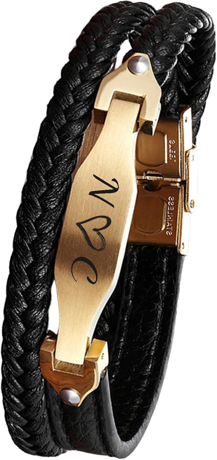 Qina C. Father's Day Gift for Dad Custom Leather Bracelet for Men Personalized Engraved Genuine Leather Cord Bracelet from Daughter Son Husband Boyfriend Dad Grandpa Fiancé Pulseras Para Hombres