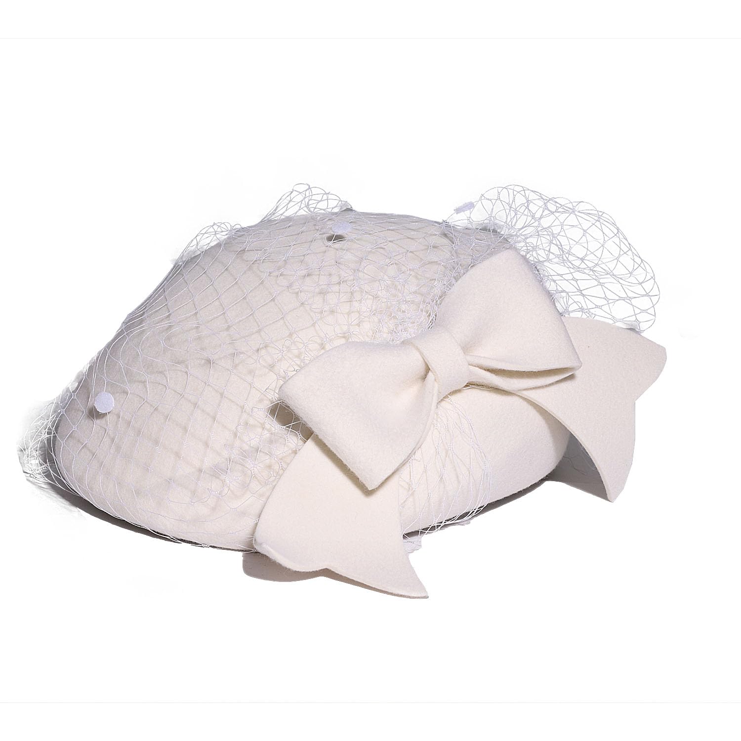 Women's French Beret Hat with Veil Wool Felt Cloche Cap (White)