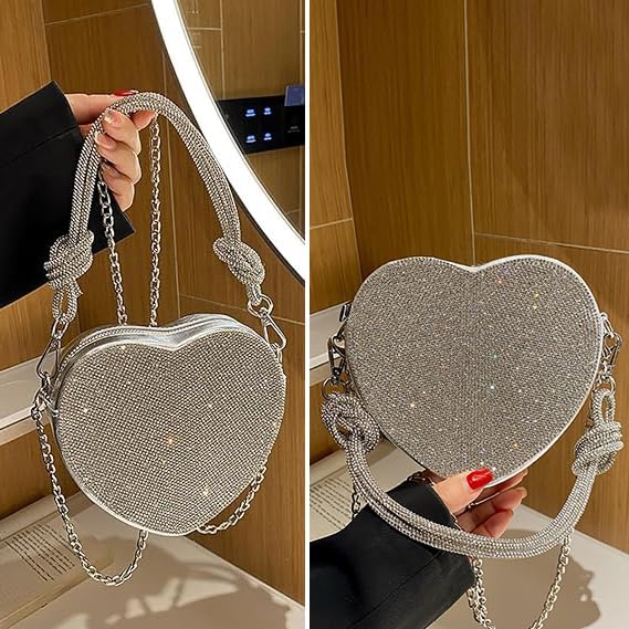 Evening Bag for Women, Silver Purse Heart Shaped Purse Crossbody Bags Shoulder Handbag for Formal - Image 8