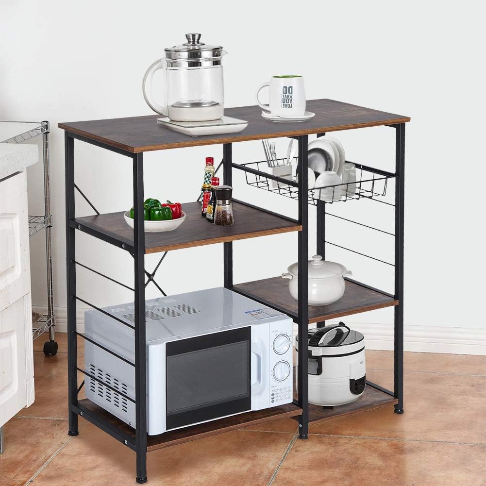 Ejoyous Kitchen Baker's Rack 3-Tier Utility Storage Shelf Industrial Microwave Stand Spice Rack Multipurpose Organizer Workstation Shelf with Wire Basket, 35.4x11.8x33.5 inch