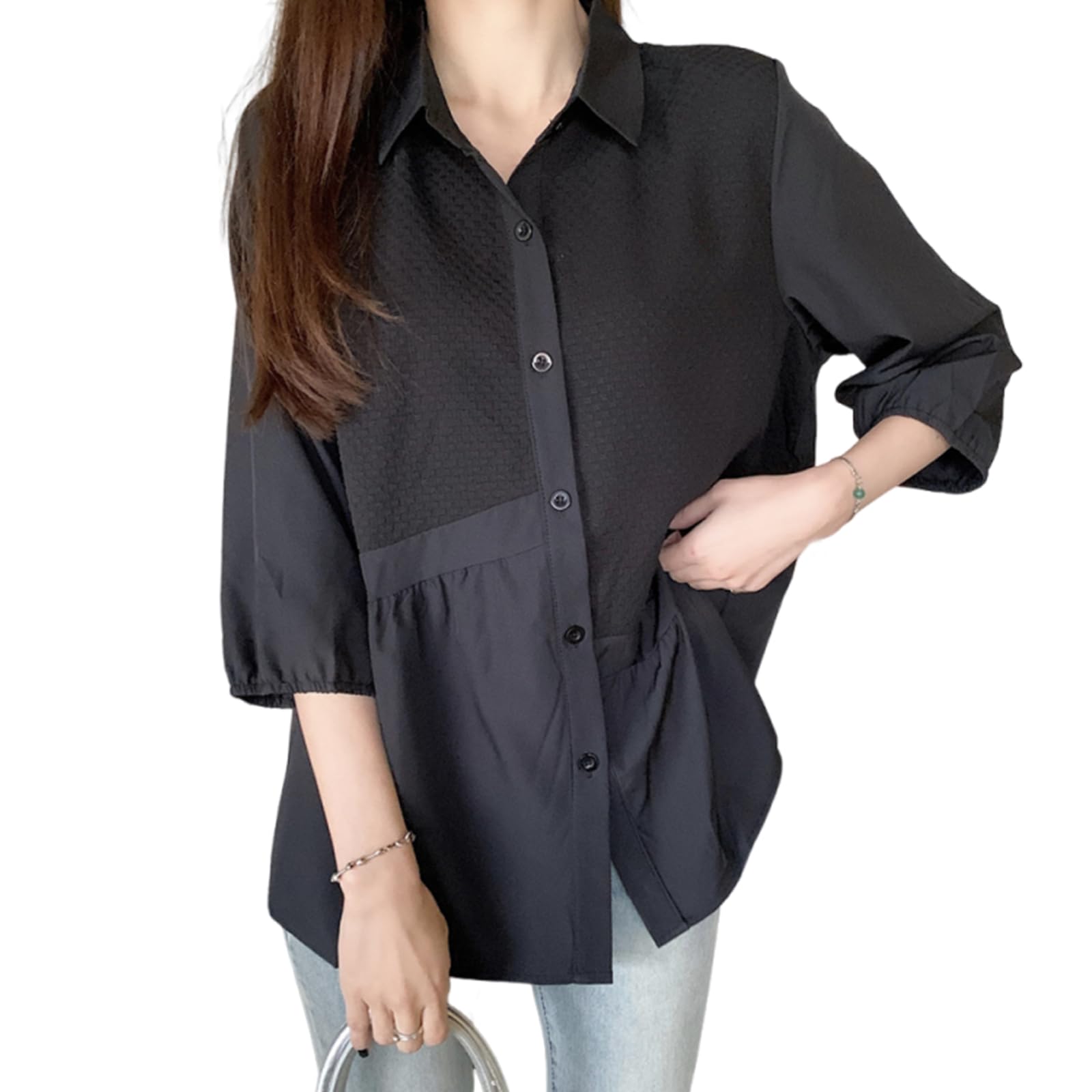 [ZeoYoee] ブラウス レディース 長袖 シャツ トップス 七分袖 襟付き 前開き 切り替え ゆったり 大きいサイズ 無地 着痩せ きれいめ 大人 上品 可愛い 普段着 オフィス 通勤 春 秋 冬