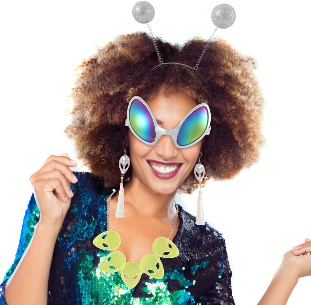 Alien Costume Accessory -Alien Glasses Martian Antenna Headband Tassel Femme Drop Earring-Necklace for Alien Costume