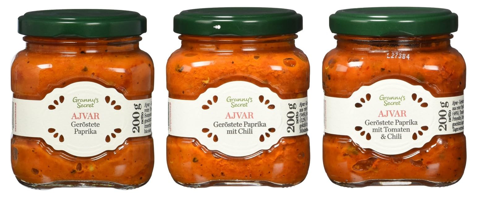 Granny's Secret Ajvar, pimientos asados, pimientos asados ​​con chile, pimientos asados ​​con tomates y chiles, paquete de 3 (3x200g)